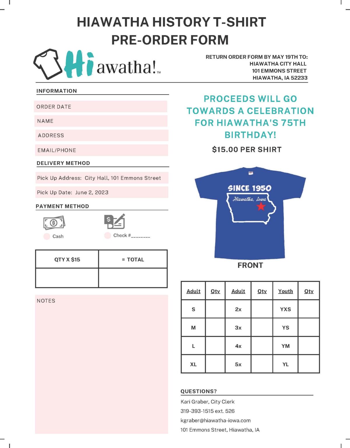 Hiawatha History T-shirt Pre-Order Form